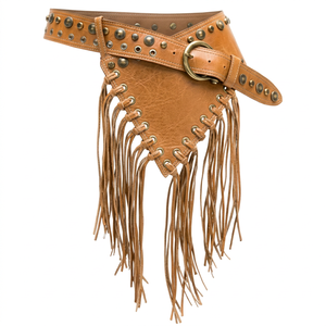 Brown Leather Fringe Winter <b>Shawl</b> with Studs <b>and</b> Belt Buckle for Women Long <b>Wrap</b> Scarf Windproof Anti-Bacterial Breathable - Product Image 1