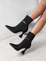 Bottines à bout pointu pour femmes, avec boucle en métal, talon épais évasé, fermeture éclair latérale, coupe ajustée, élégantes, pour soirée, bottines courtes noires
