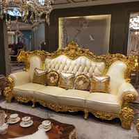 Ensemble de canapés en cuir véritable Villa, luxe, bois massif, sculpté double face, feuille d'or, style européen, en forme de U, éponge haute densité