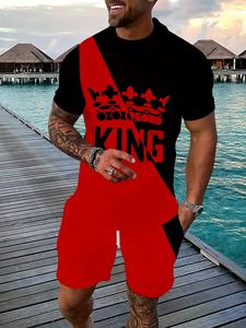 Ensemble décontracté deux pièces à manches courtes respirant pour homme, <span class=keywords><strong>tenue</strong></span> d'été, imprimé numérique, épissure bicolore, motif 'King', col en V, satin - Product Image 2