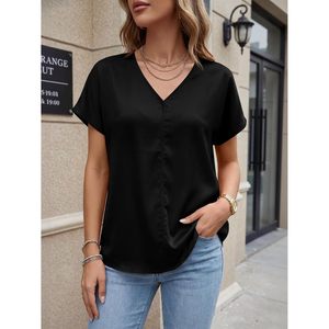 Womens Silk Satin Blouse Cap Sleeve V Neck Dressy Casual <b>Top</b> Office Work Summer Breathable Simple Style - Product Image 2