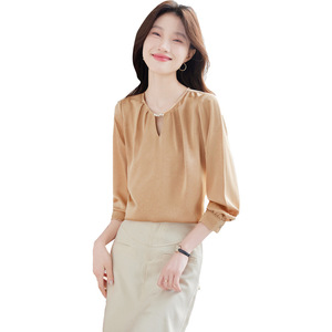 White Women's <b>Satin</b> Shirt Solid Color Long Sleeve Work <b>Blouse</b> Elegant Design - Product Image 5