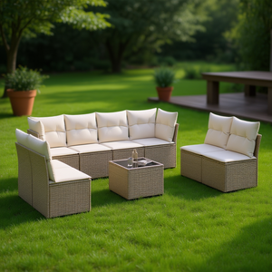 Ensemble de canapés de jardin en rotin beige avec coussins en mousse haute densité, mobilier d'extérieur au design contemporain, résistant à l'eau et aux UV - Product Image 2