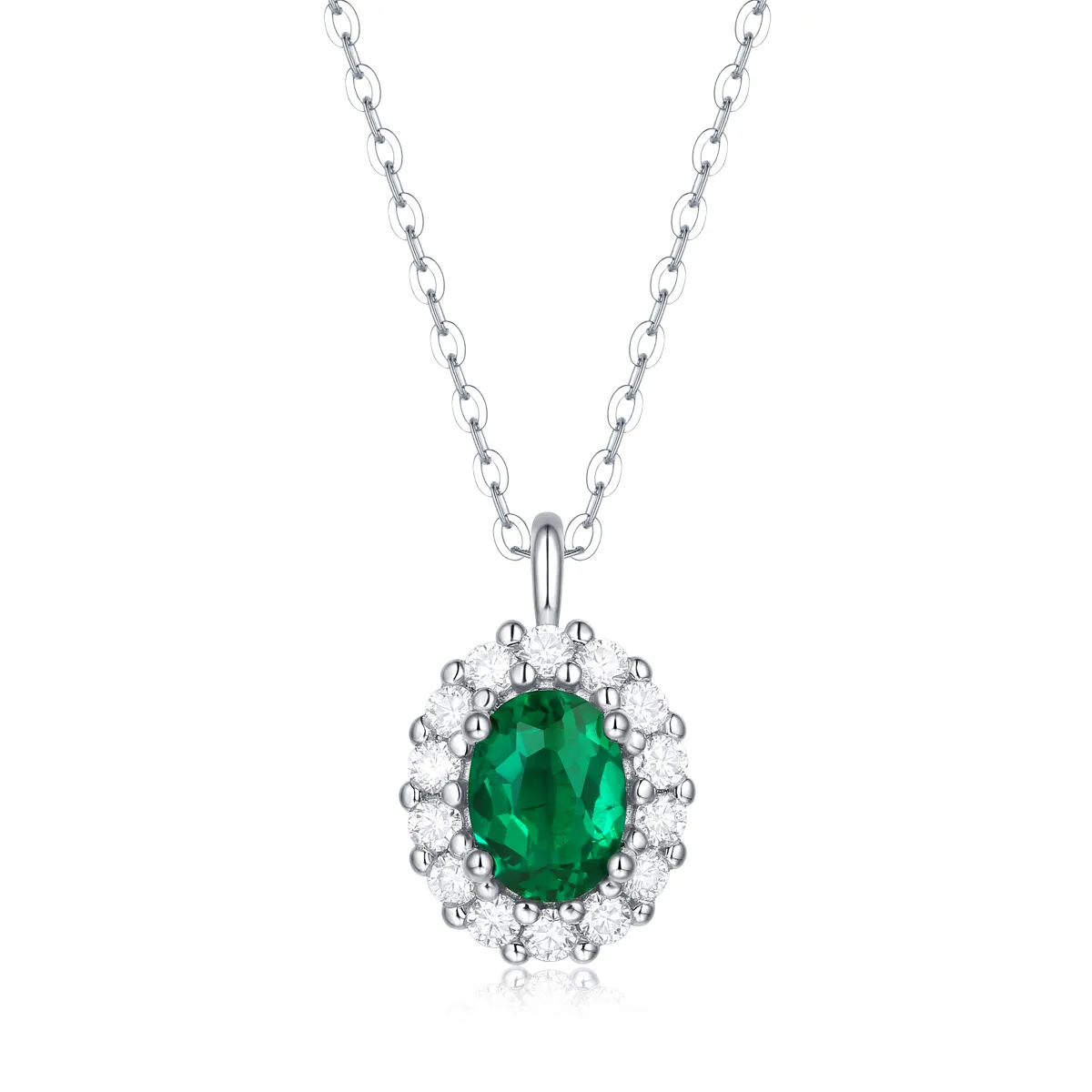 Yulaili Pabrik Grosir Bertatahkan Oval Charm 925 Sterling Silver Padat Hijau Dibuat Batu Safir Emerald Kalung Liontin