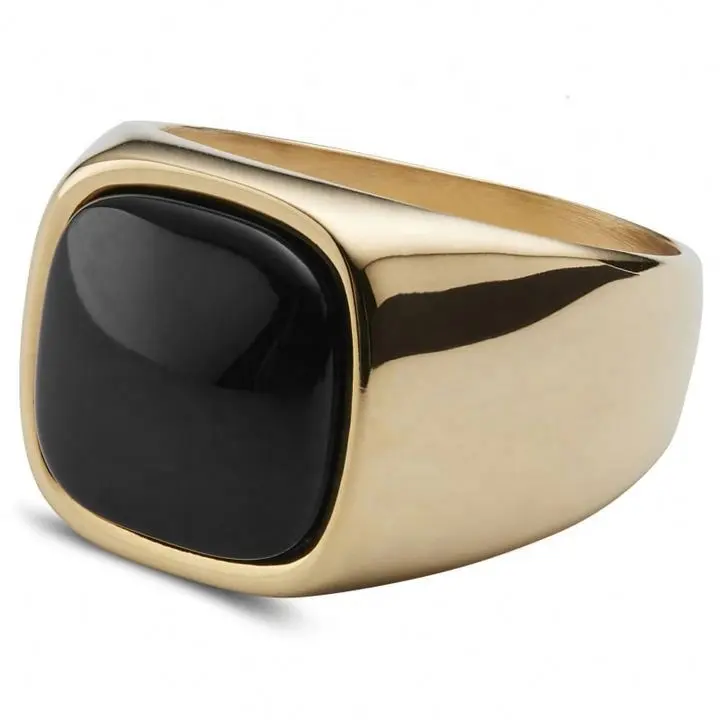 New Trendy Popular Men Stainless Steel Natural Gemstone Ring 18K Gold Plated Jewelry