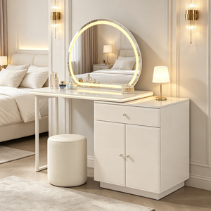 Tocador de maquillaje moderno blanco con espejo LED redondo, gabinete de almacenamiento con superficie de mármol y taburete, mesa de tocador para dormitorio - Product Image 5
