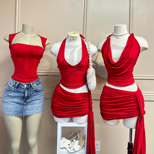 Produttore di Set di <span class=keywords><strong>Abbigliamento</strong></span> Personalizzato per <span class=keywords><strong>Donna</strong></span>: Completi a Maniche Corte con Scollo a Barchetta, Pantaloni Svasati con Pieghe, Gonne Halter, in Maglia Ricamata a Tinta Unita - Product Image 1