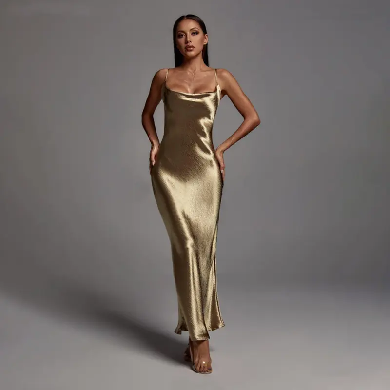 Sexy Women Lady Spaghetti Strap Homecoming Metallic Gold Long Party Casual Evening Backless Maxi Dresses 2023