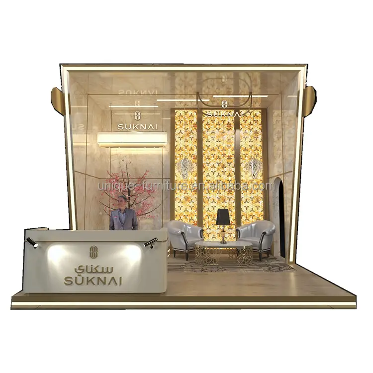 Présentoir d'exposition classique en métal doré avec lumière comptoir d'exposition modulaire avec canapé kiosque pop up shop mall
