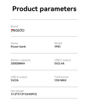 Yesido 20000mAh 12W Pengisian Cepat Tiga Port Layar Digital Cerdas Power Bank Portabel YP81