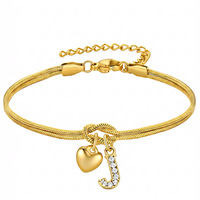 Bracelet en acier inoxydable 316 réglable avec chaîne serpent PVD or 18 carats, breloque cœur et initiales CZ, bijou d'amour, cadeau pour elle