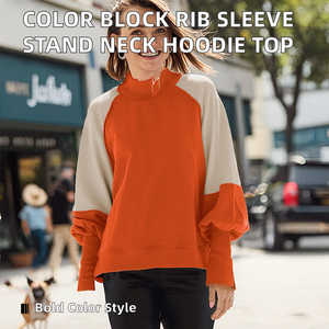 Contrast Color Regular Sleeve Front <b>Knitted</b> Women's <b>Hoodies</b> Stand Collar Breathable <b>Knitted</b> Autumn Winter Casual Loose Fit - Product Image 2