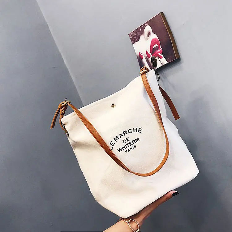 fashion design high quality custom logo color cotton canvas tote shoulder bags with brown leather handles