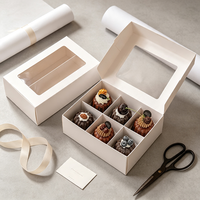 Boîte de boulangerie en gros à fenêtre longue, robuste, blanche, avec insert à 6 compartiments, pliable, imprimée sur mesure pour mini-gâteaux, mousses et pâtisseries