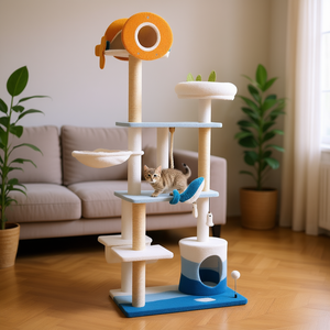 Árbol rascador multinivel con temática oceánica, postes de sisal azules para gatos, uso en interiores. - Product Image 2