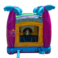 Château gonflable tropical accrocheur pour usage commercial, décoration de palmier, aire de jeux pour carnaval d'été et location de fête