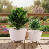 Pot Tanaman Oval Besi Vintage dengan Alas, Tahan Lama, Ramah Lingkungan, Set 2 Pot Tanaman Berkaki Tiga untuk Bunga Luar Ruangan, Gaya Eropa/Amerika