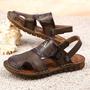 Men's Summer Leather <b>Closed</b>-<b>Toe</b> <b>Sandals</b> Flat Rubber Sole Casual Outdoor Beach Shoes Khaki Brown Slip-On - Product Image 2