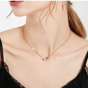 Collier court simple et tendance pour femme en acier titane à double anneau numérique romain, chaîne de clavicule, or rose 18 carats, argent - Product Image 3