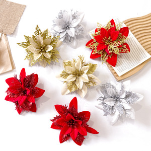 Fleurs de Poinsettia artificielles rouges, dorées et argentées en plastique, décorations faites à la main pour la maison et la décoration de l'arbre de Noël - Product Image 1