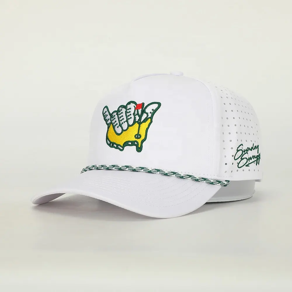 BSCI Custom Patch Logo 5แผงสีขาวแห้งเร็วหมวกเบสบอล,เลเซอร์ตัดรูกอล์ฟ Gorras,เชือกโพลีเอสเตอร์หมวกพ่อ