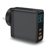 HNT ODM/OEM 67W GaN 3 Port Tipe C+USB Pengisi Daya Cepat dengan Layar Digital LED  Adaptor Dinding PD & QC untuk iPhone 15 16
