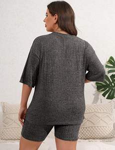 Fabricants de vêtements, t-shirt côtelé en tricot pour femmes et shorts slim, ensembles de 2 pièces, costume en tricot pour femmes - Product Image 4