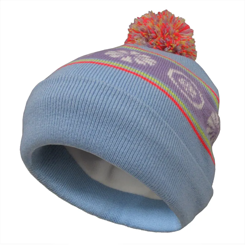 Sombreros de punto con patrón azul para niños, gorros informales cálidos y suaves con bola de pelo, Otoño e Invierno