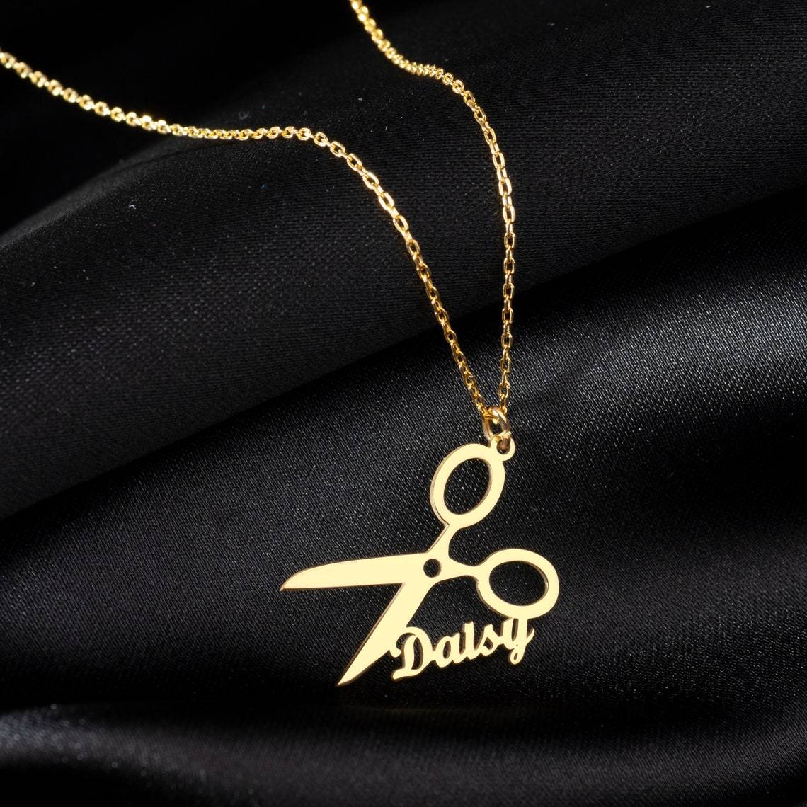 14k Yellow Gold Personalized Hairdresser Scissor Pendant – Engravable Name Necklace