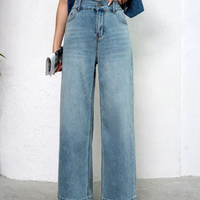 Celana Denim Wanita Ukuran Besar Berkualitas Tinggi, Pinggang Tinggi, Kaki Lebar, Gaya Retro Kasual, Kancing, Distressed, Cepat Kering, Bernapas