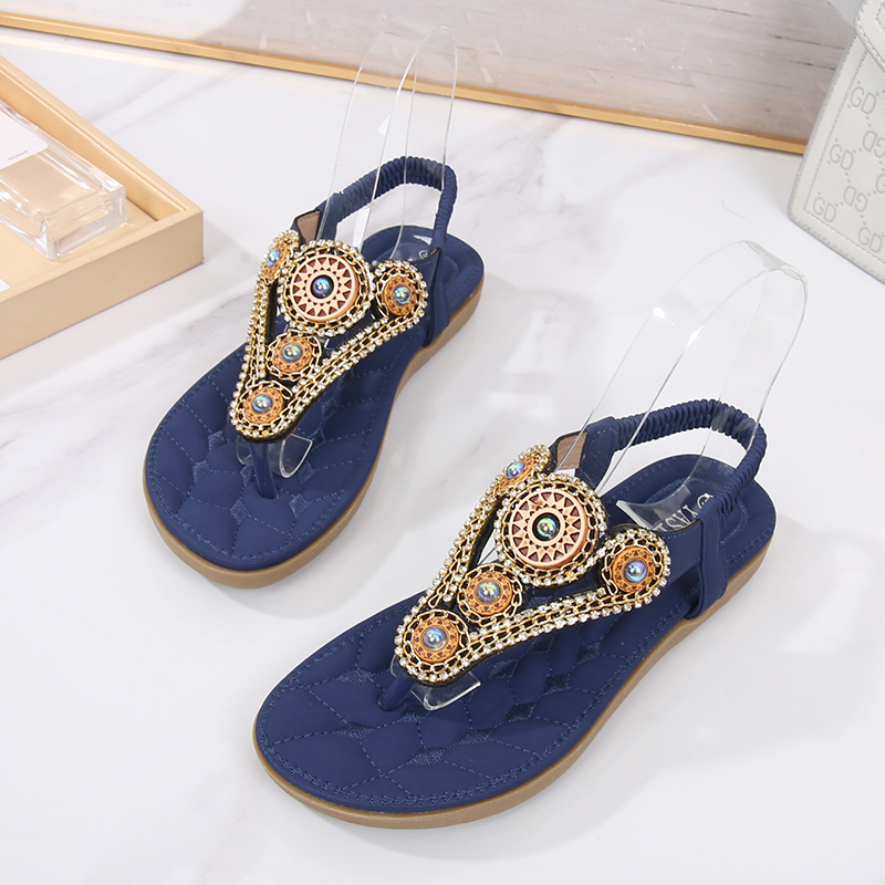 New Bohemian Sandals Simple Casual Flat Bottom Clip Toe Comfortable Rhinestone Sandals Femme