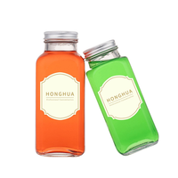 Bouteilles en verre carrées en gros pour jus, lait et boissons, vides, avec impression de logo personnalisé et emballage en boîte de vente au détail