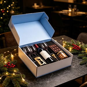 Caja de Regalo para <span class=keywords><strong>Vino</strong></span> Azul con Botella Couturiers, Tres Copas, Sacacorchos, Chocolates y Almendras, Empaque al por Mayor, Juego de Regalo Personalizado en Vidrio - Product Image 1