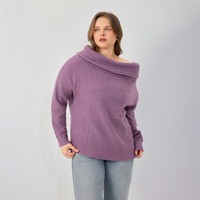 Pull personnalisé pour femme, tricoté à l'ordinateur, automne 2026, vintage, grande taille, style décontracté, col large, épaules dénudées, violet, côtelé, ample