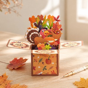Carte de vœux 3D pop-up de Thanksgiving avec dinde, citrouille et maïs, en boîte, en papier recyclable, cadeau de fête - Product Image 2