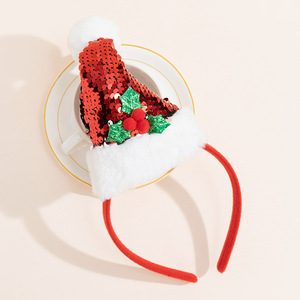 Christmas <b>Sequined</b> Santa Hat Headband With Pom Pom And Holly For Holiday Party Unisex Accessory - Product Image 1