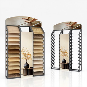 Fabrika Çıkışlı Metal Kavisli Üstlü Ahşap Levha Sergi Rafı, Ticari Çok Taraflı Numune Standı, Showroom Yüksek Kapasiteli Ahşap Zemin - Product Image 1