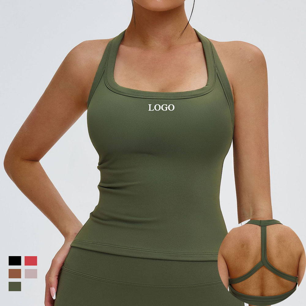 Custom Sustainable Recyclable Scoop Halter Neck Gym Sports Tank Tops Bra 4-Way Stretch Removable Pad Backless Yoga Tank Tops