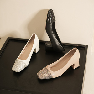 SQUARE TOE PUMPS <b>BLOCK</b> HEEL HIGH 5CM-8CM CHECKERED LEATHER LINING <b>RUBBER</b> OUTSOLE OFFICE SHOES FASHION TREND - Product Image 1