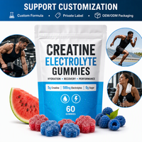 Gummies de créatine et d'électrolytes pour l'hydratation et la récupération, supplément pré-entraînement sans sucre, 2 saveurs variées, végétaliennes, en vrac, marque privée