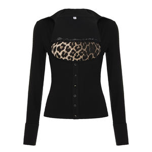 Chemise en tricot à col carré à imprimé léopard tendance et audacieuse avec dos ouvert et détails de nœuds - Blouse vintage sexy à patchwork - Product Image 5