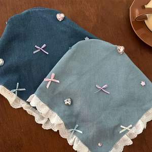 French Country Triangle <strong>Lace</strong> Denim Blue <strong>Headband</strong> with Bow, Beach Top Knot Hairband, Cute and Sweet Hair Accessory for Photos - Product Image 2
