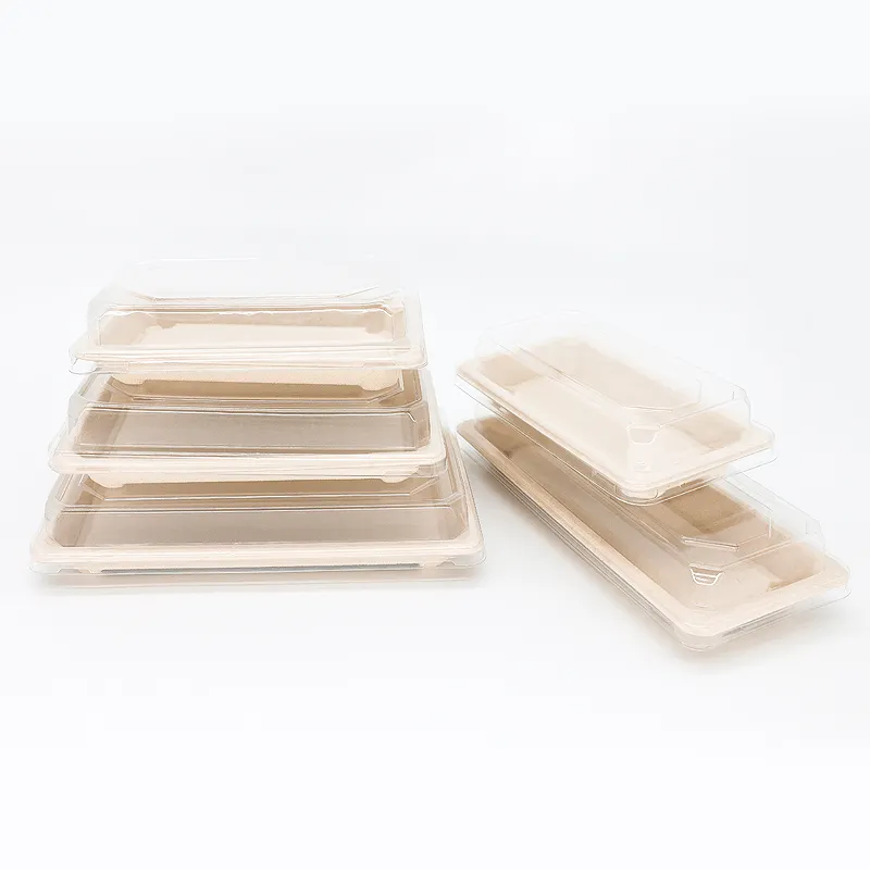 Bandeja de papel de pulpa de bagazo Biodegradable, platos de Sushi rectangulares desechables para restaurante