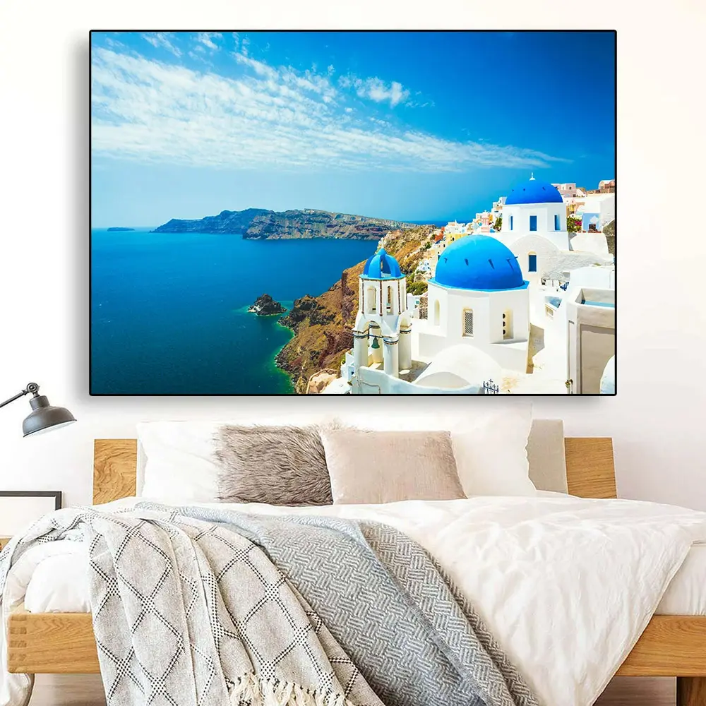Santorini Island Canvas Painting Blue Greece Streets Landscape Pictures Seascape Posters Prints Wall Art for Living Room Decor