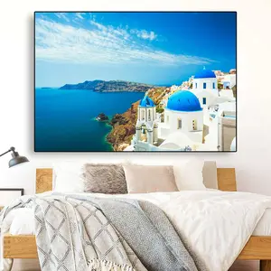 Pintura em tela da ilha de Santorini, pinturas azuis de paisagem, paisagem de ruas da Grécia, posteres de paisagem marítima, arte de parede para decoração de sala de estar