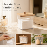 Organisateur de rangement pour salle de bain avec couvercle en bambou, transparent en PET avec couvercle en bois, vente en gros, export