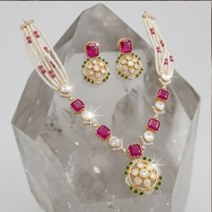 Royal 925 Silver <b>Ruby</b> Pearl <b>Necklace</b> Set Designer Bridal Jewelry Traditional Earrings for Women Collection - Product Image 2