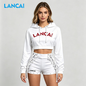 LANCAI Women <b>2</b> <b>Piece</b> Shorts <b>Set</b> <b>White</b> Hooded Crop Top Lace Up Shorts Studded Streetwear Cropped Hoodie Cotton Matching Outfit - Product Image 2