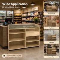 Comptoir d'exposition avec dessus en verre, étagères ouvertes, armoire à grain de bois, tiroirs de rangement, pour magasin de détail, réception, vente en gros