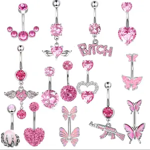 Neuzugang Bauchnabel Knopfringe-Set rosa Kristall Bauchenring Edelstahl Bauchen Piercing-Schmuck Großhandel